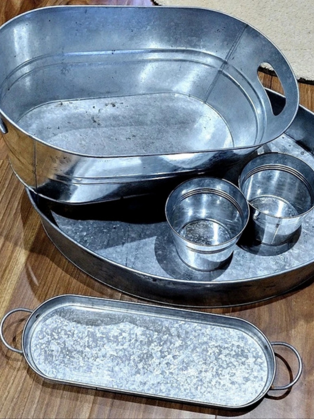 Set of Galvanized Metal Ice Bucket, Beverage Tubs, Serving Trays Rustic Style